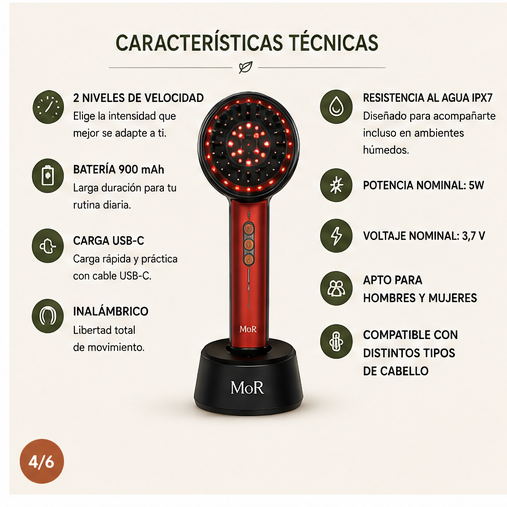 MoR ScalpCare™ – Cepillo Masajeador Capilar con Luz Roja